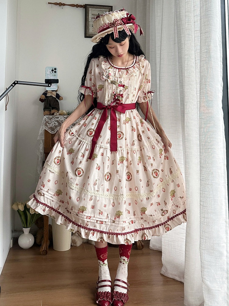 Strawberry Print Pink House Beige Short Sleeves Lolita Dress