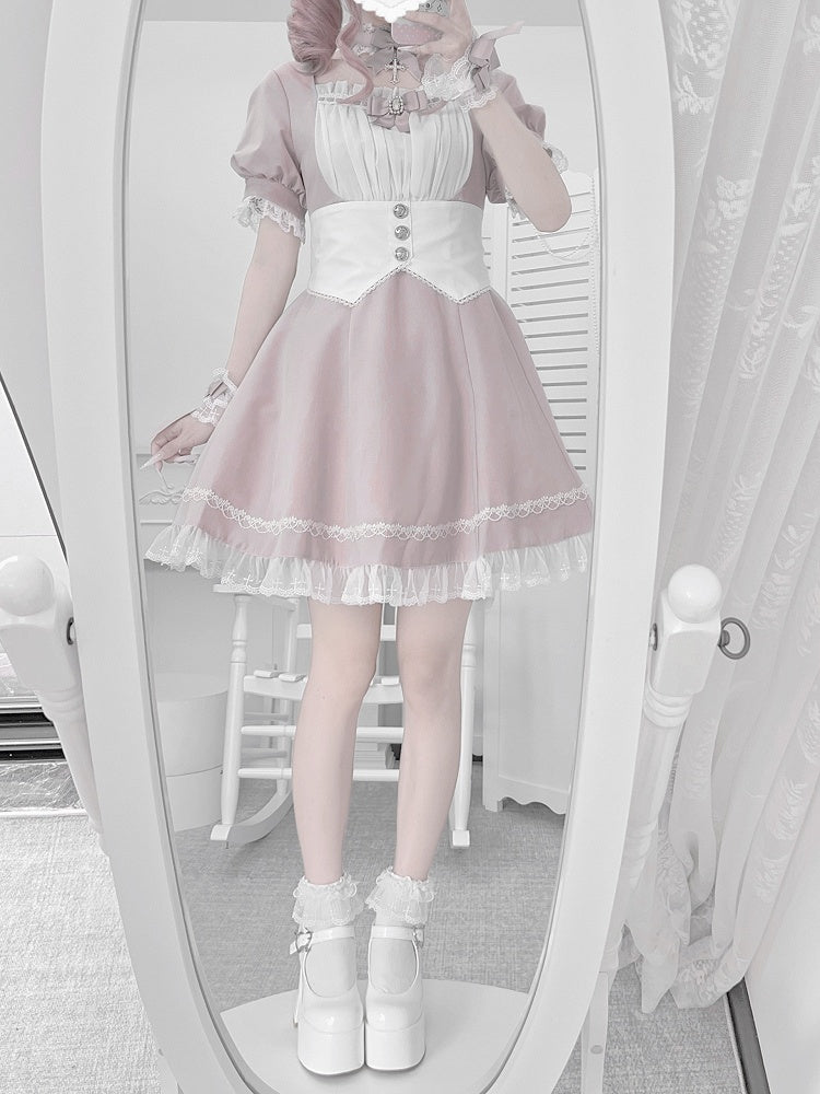 Kleidbesatz aus Spitze, Jirai Kei, weißes Set, volle Taille, Korsettgürtel-Design mit Rosa
