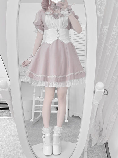 Kleidbesatz aus Spitze, Jirai Kei, weißes Set, volle Taille, Korsettgürtel-Design mit Rosa
