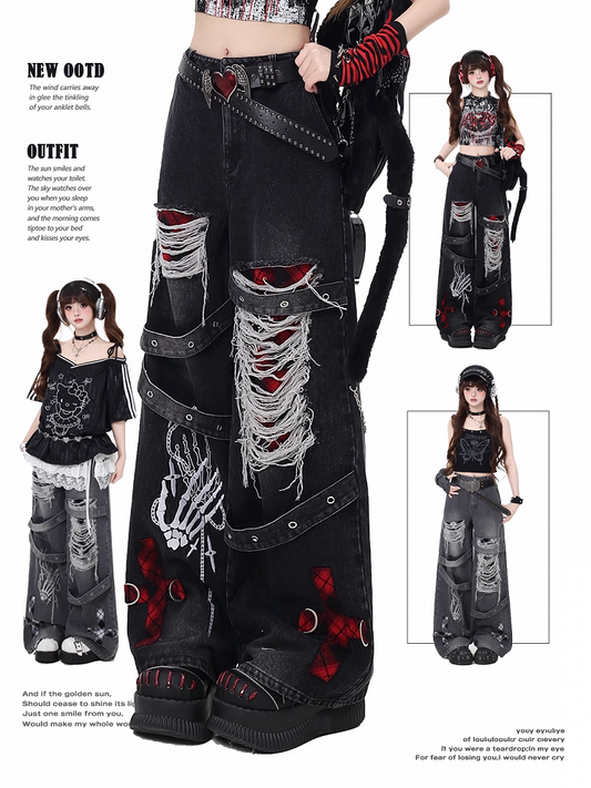 Grau/rot karierte Punk-Jeans mit weitem Bein, Löchern und verblasster Vintage-Waschung im Used-Look