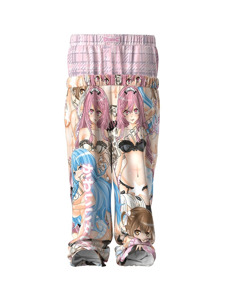 Elastic Waist Cartoon Print Straight-Leg Pants Colorful