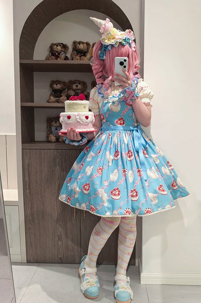 Dress Print Skirt Cute Lolita Jumper Showa Fluffy Kitty Blue Sweet