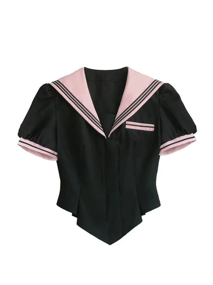 Haut évasé marin + jupe taille bouffante ruban gâteau + col à manches