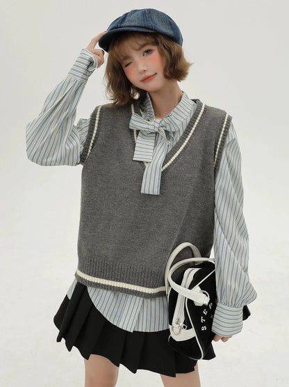 Gilet style coréen + chemise rayée à col en V
