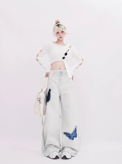 Blue Denim Wide White Butterfly Pants Design