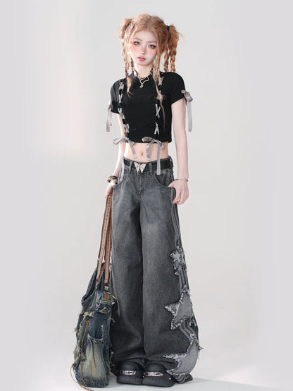 Ribbon T-Shirt Knot Design Love Short Black