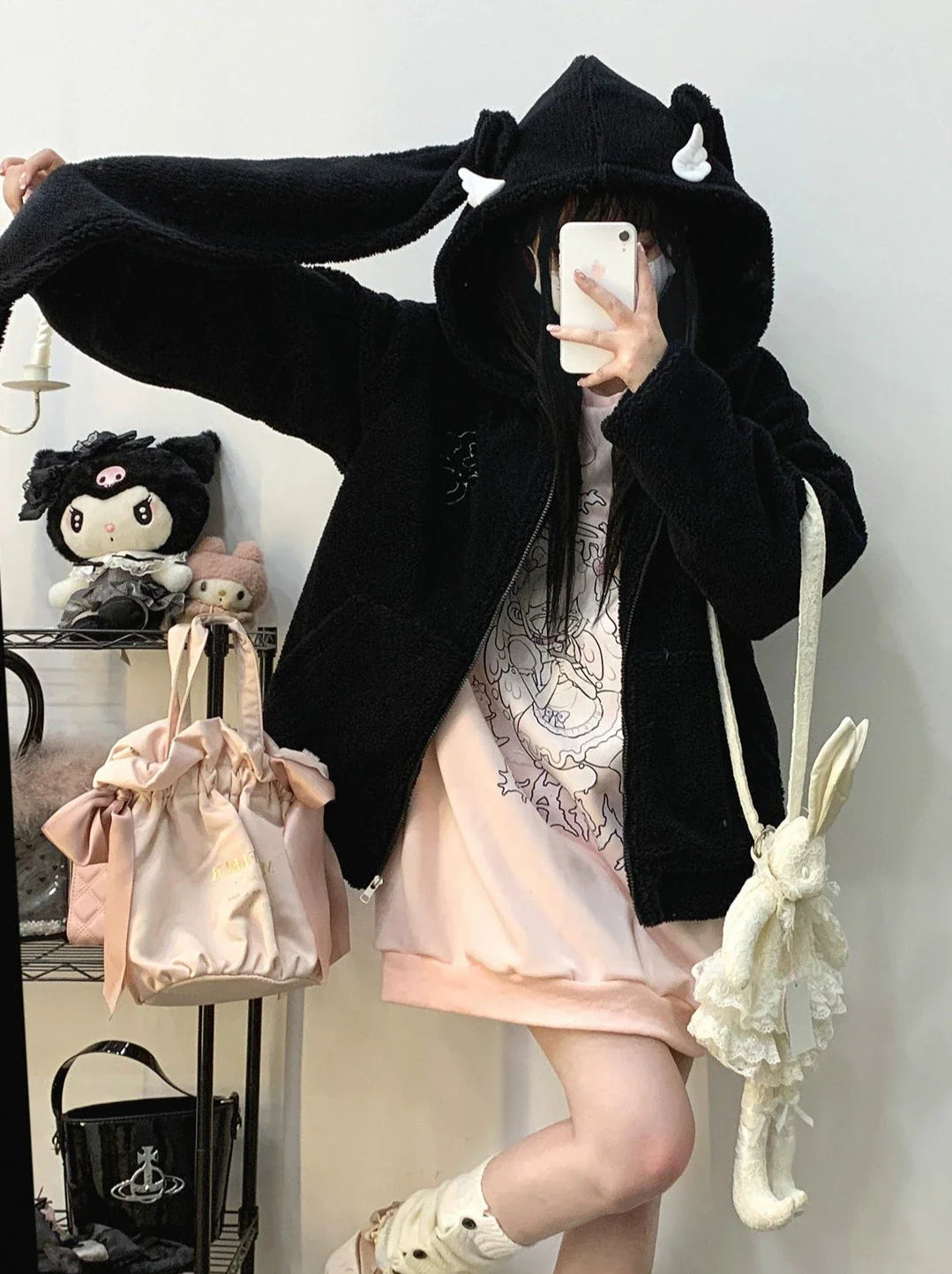Veste zippée en peluche à oreilles de lapin gourmandes courtes/longues