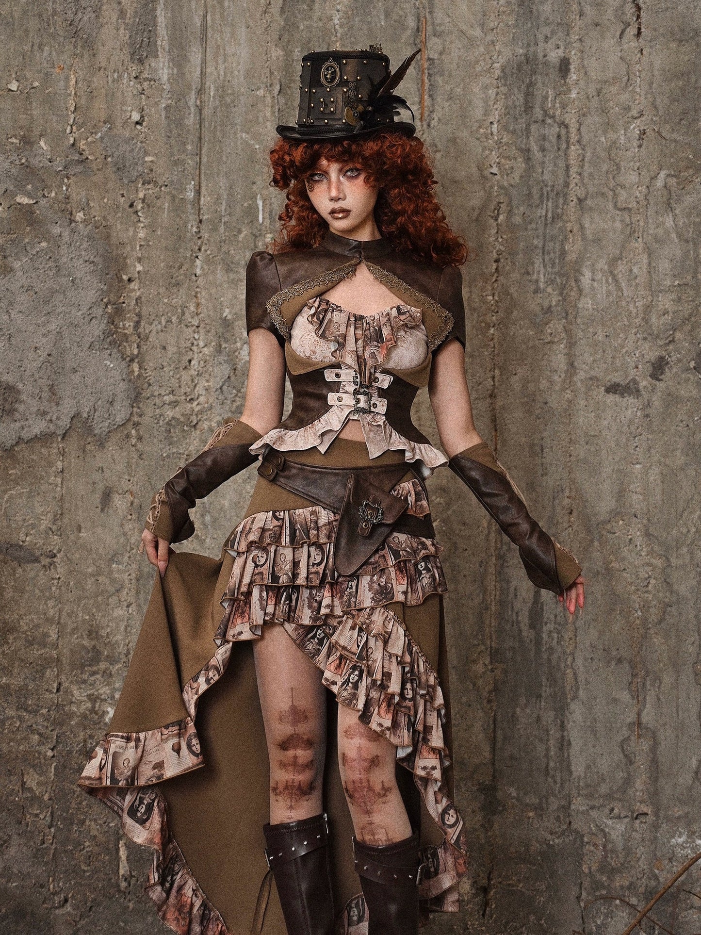 Sac à volants, jupe traînante en PU, taille steampunk, style antique rétro