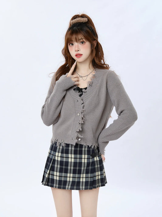 Fringe V-neck Damaged Cardigan
