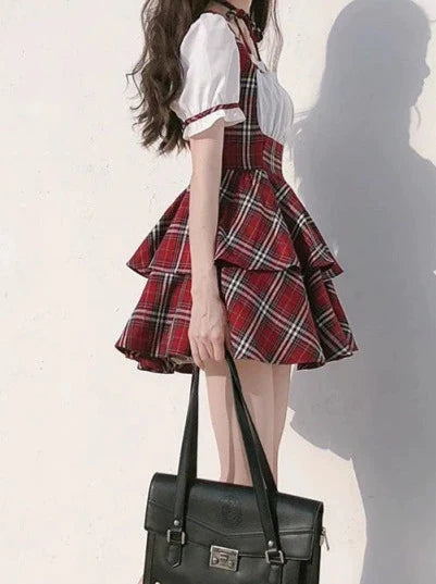 Choker Sleeve Puff Dress Scottish Cake Ribbon Pants Check Red Puffy