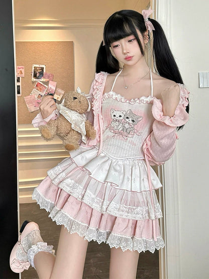 Cardigan + Camisole Cake Skirt Sweet Short