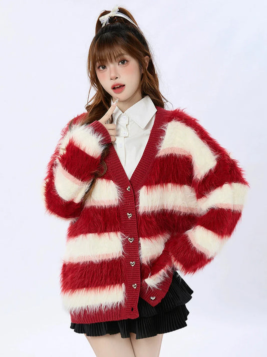 Knit Striped Cardigan Retro Red