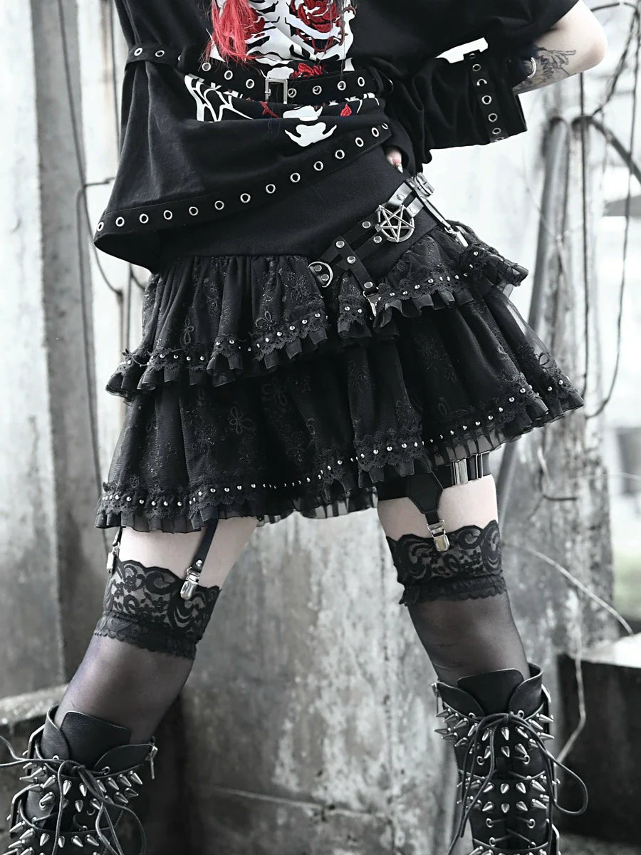 Metal Buckle Cake Leather Rivet Layer Punk Skirt