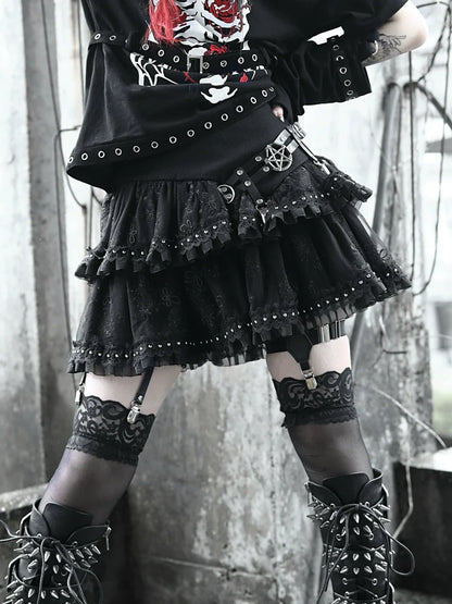 Metal Buckle Cake Leather Rivet Layer Punk Skirt