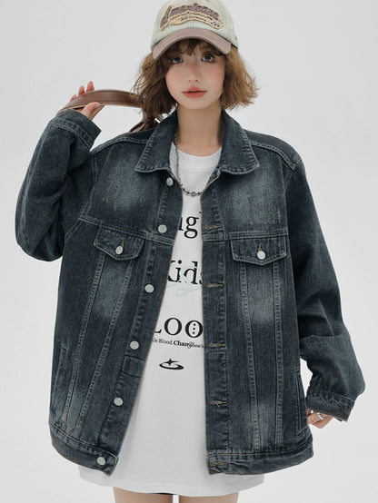 Veste américaine délavée en denim nostalgique ample et rétro