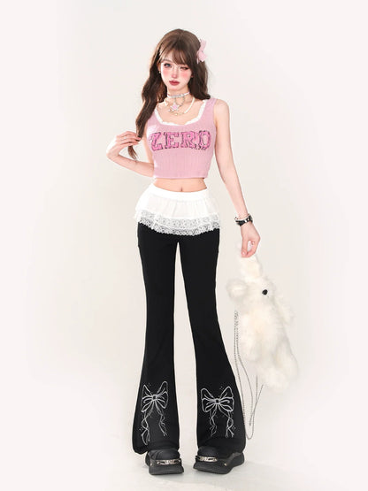 Ribbon Design Lace Pants Flared + Skirt