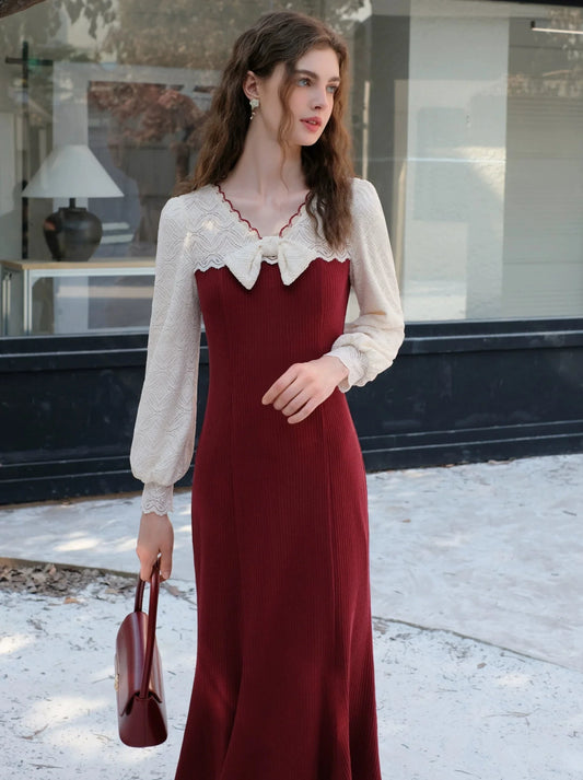 French Mermaid Ribbon Liqueur Lace Knit Dress Cherry