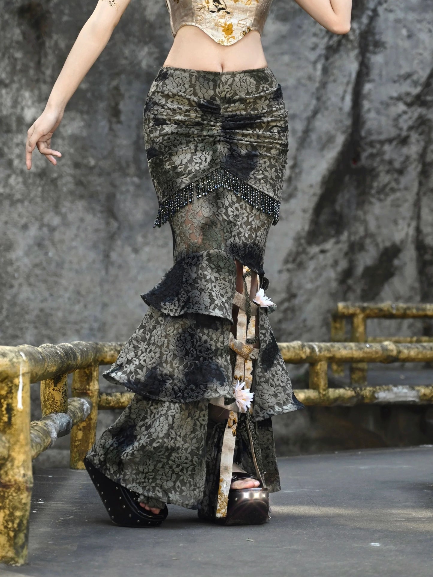 フェスティバルレースゲージドラゴンチャイナスカートバードタイダイスリム