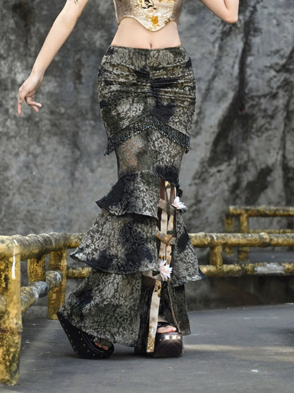 フェスティバルレースゲージドラゴンチャイナスカートバードタイダイスリム