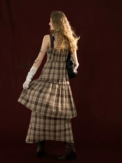 Check Leather Damaged Suspender Skirt