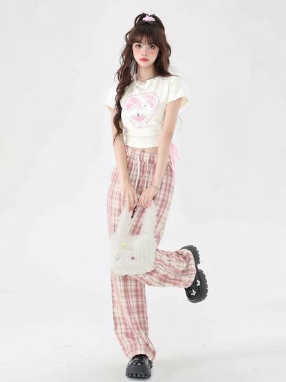 Pants Casual Check Pink