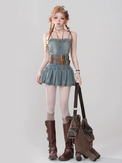 Heißes Retro-Denim-Plissee-Stil-Kleid-Mädchen-Hosenträger