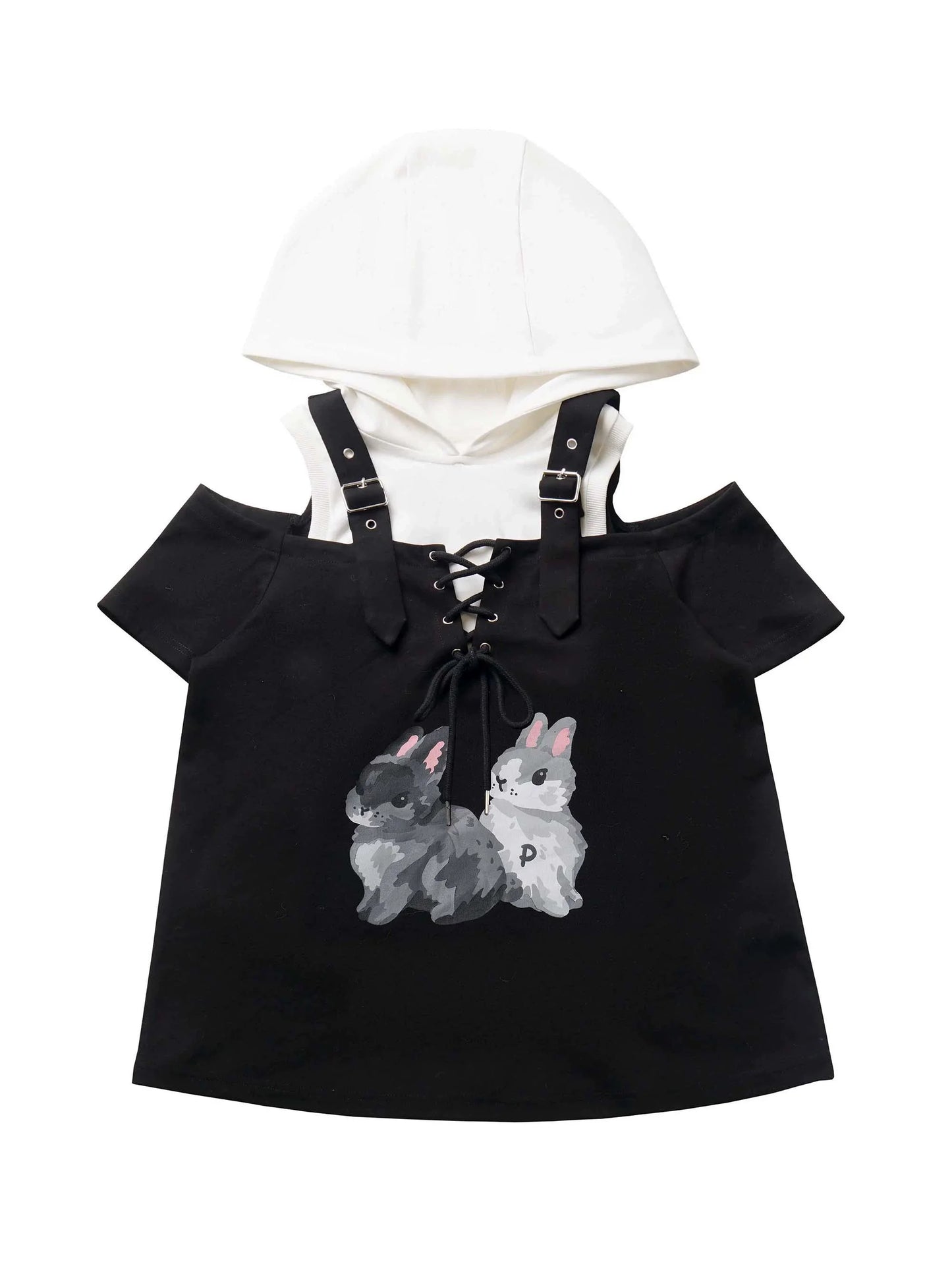 Pantalon à bretelles design d'été, lapin, épaules dénudées, sweat à capuche noir et blanc, costume