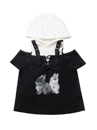 Pantalon à bretelles design d'été, lapin, épaules dénudées, sweat à capuche noir et blanc, costume