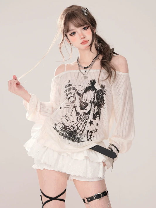 Printed Strap Loose Top Sheer Off-the-shoulder