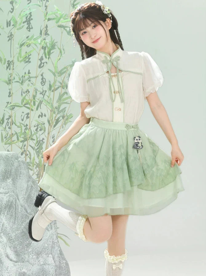 Ensemble chemise et jupe à manches longues Panda Kung Fu menthe + mousseline