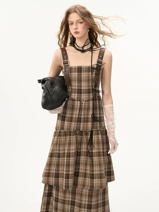 Check Leather Damaged Suspender Skirt