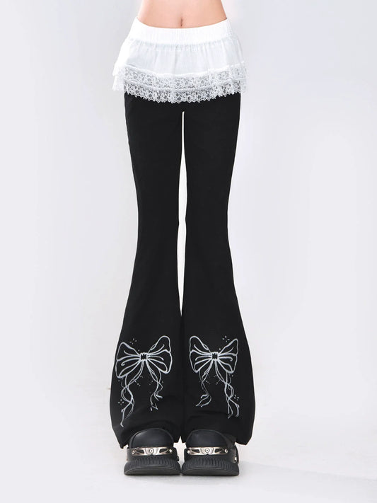 Ribbon Design Lace Pants Flared + Skirt