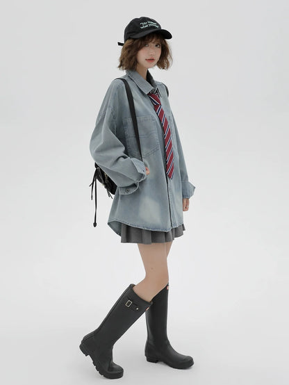 Veste en jean rétro ample avec cravate et chemise américaine
