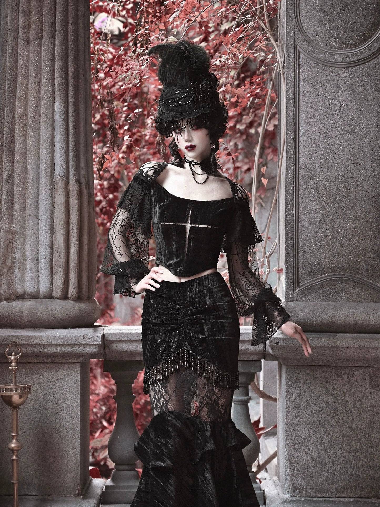 Spider Sleeve Gothic Lantern Top Velvet Lace Cross