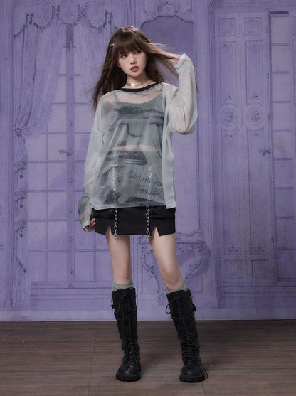 Sheer Print Gray Top Mode Mesh