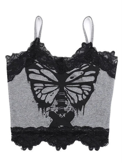 Print Butterfly Skull Camisole Top Lace