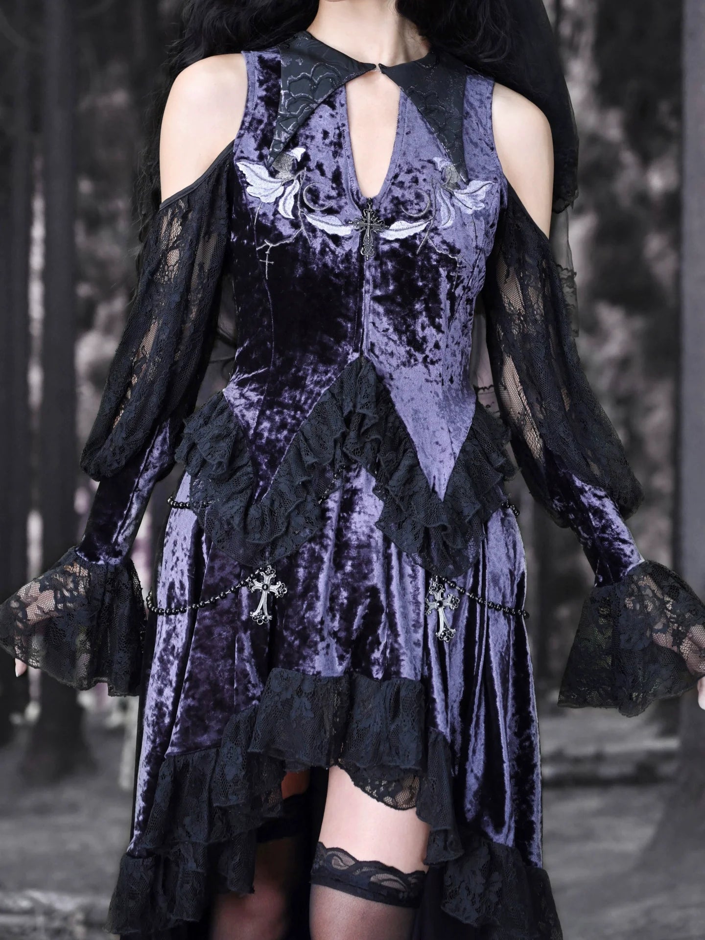 Lunaf Velvet Embroidered Gothic Bell Top Lace Sleeve Collar Pointed