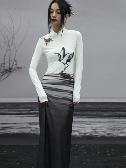 Long Dress Painting Knit Slim China Print Ink