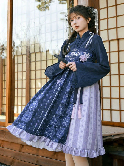 Bell-sleeved Shirt + Shoulder Tulle Bag Skirt Layered Set-up Ribbon Dress Chinese