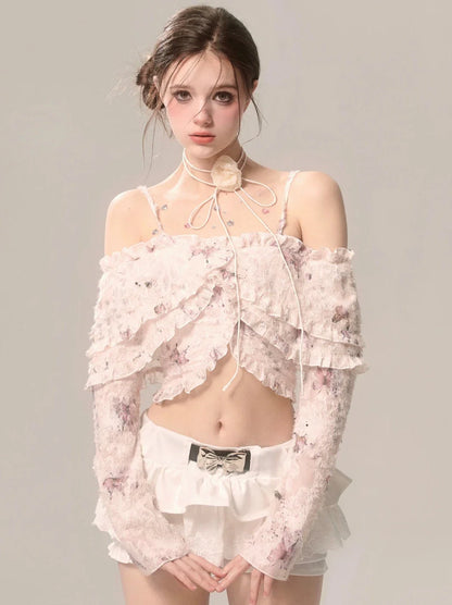 Fairy Ruffle Strap Chiffon Top Butterfly Off-the-shoulder Lace