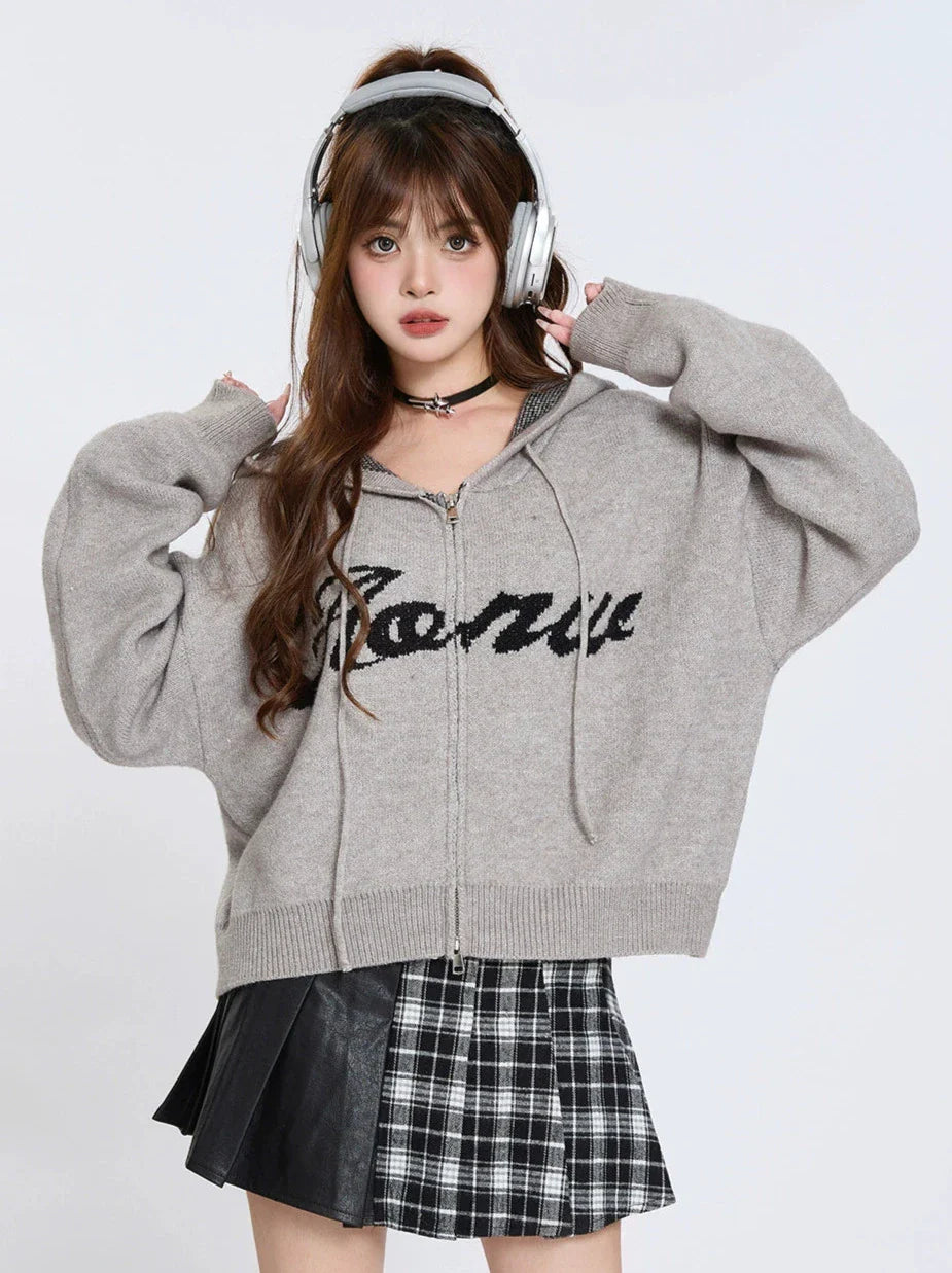 Double Hoodie Knit American Zip Cardigan