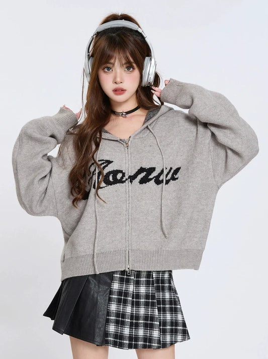 Double Hoodie Knit American Zip Cardigan