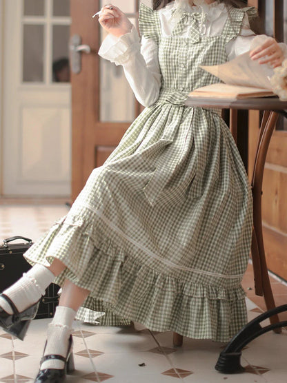 Chemise à col, ruban, carreaux + volants, épaules françaises, vert forêt