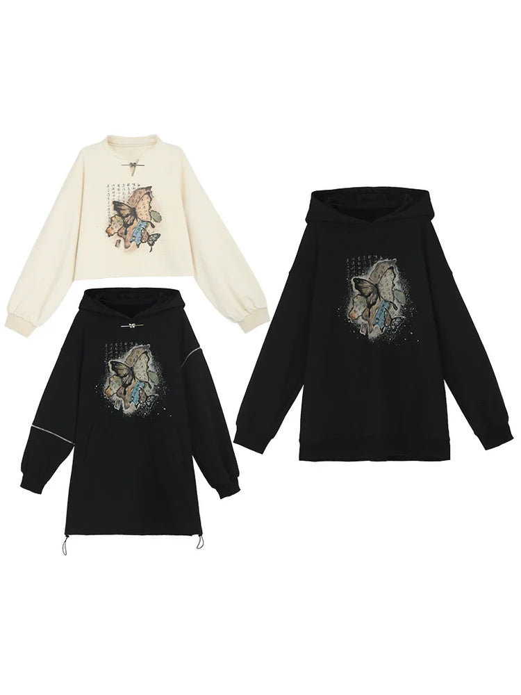 China Sweatshirt Zip + Black Parka Butterfly Dress Design Hoodie Cropped