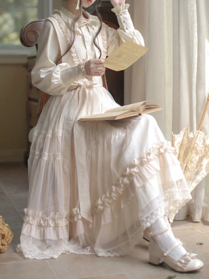 Haut à pois taille haute Lolita à volants et ruban, robe d'été légère, élégante et douce avec ruban en dentelle