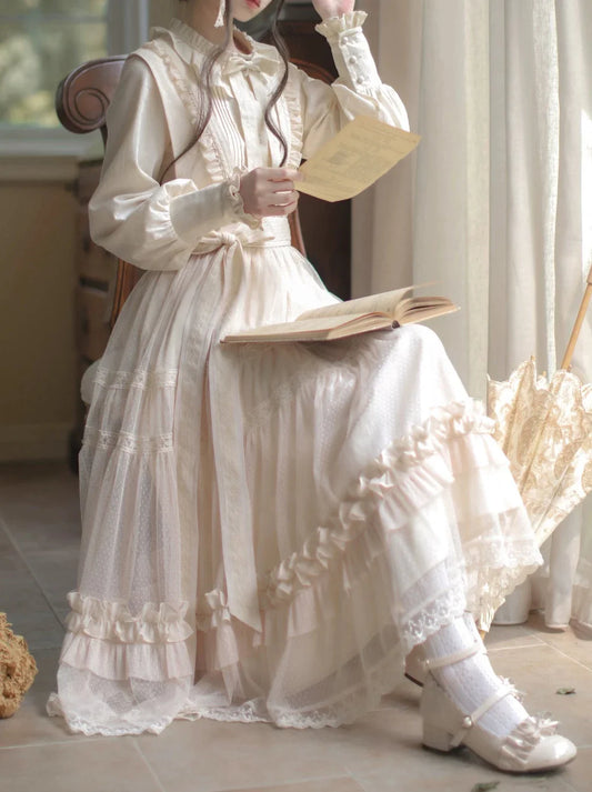 Haut à pois taille haute Lolita à volants et ruban, robe d'été légère, élégante et douce avec ruban en dentelle
