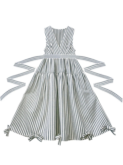 Dress Ribbon Ribbon Shirt Retro French V-Neck Striped