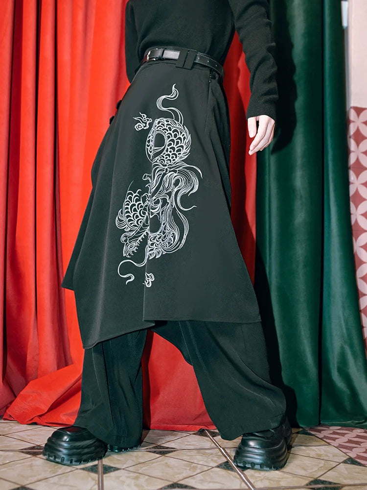 Two Piece Faux Splicing Pants Layered Wide Dragon