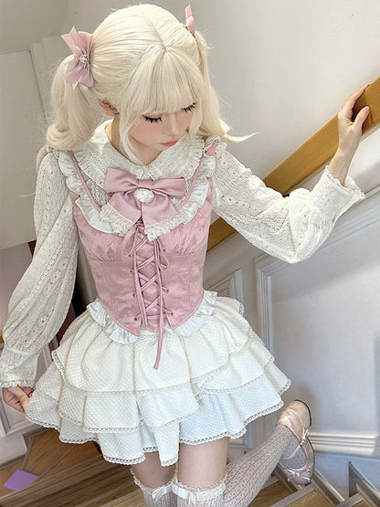 Gilet Fleur + Chemise Princesse + Jupe Gâteau Rose Fille