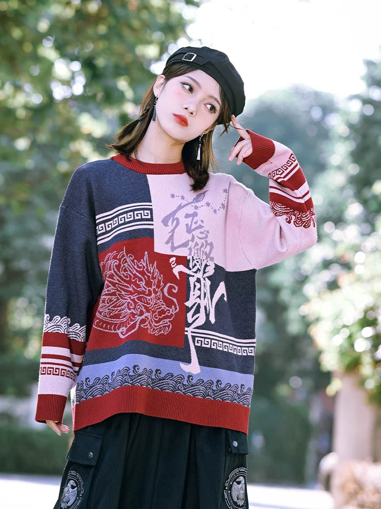 ラウンドスタイル チャイナカラー ネックニット ルーズ コントラスト ニューブロック